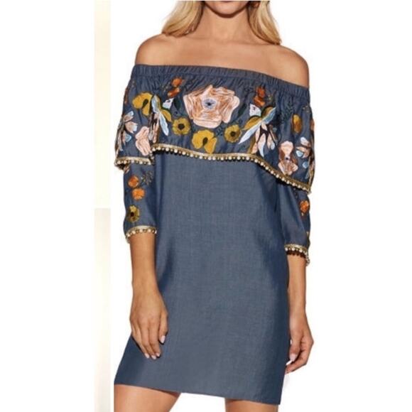 Boston Proper Embroidered Beaded Embellished Off Shoulder Mini Dress, Small, NWT - Picture 1 of 11